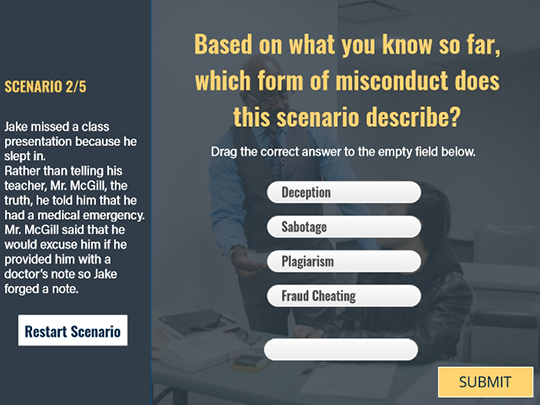 assessment screen asking which form of academic integrity this scenario applies to with multiple choice activity.